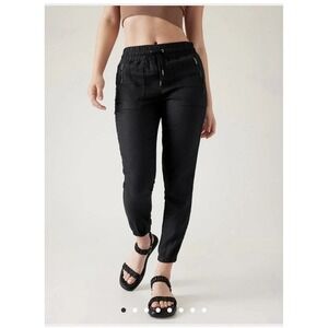 NEW Athleta Cabo Linen Jogger Pants Black Sz 0 Petite Resort Coastal Travel Zip